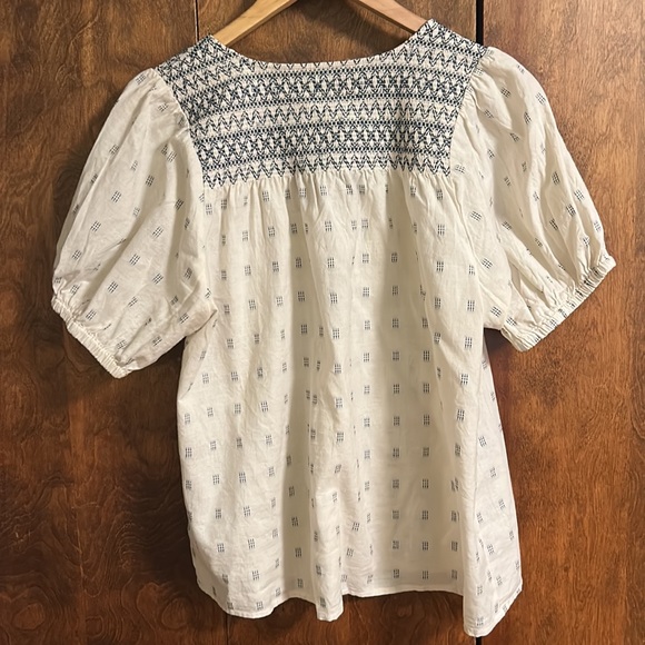 EUC Madewell Embroidered Yoke Top in clip dot Blouse V-Neck Size Large - Picture 9 of 12